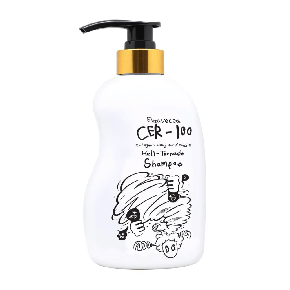 Tuotekuva tuotteesta Elizavecca CER-100 Collagen Coating Hair A+ Muscle Helltornado Shampoo valkoista taustaa vasten. Pakkaus näkyy selkeästi pumppupullon ja sarjalle tunnusomaisen kuvituksen kanssa.