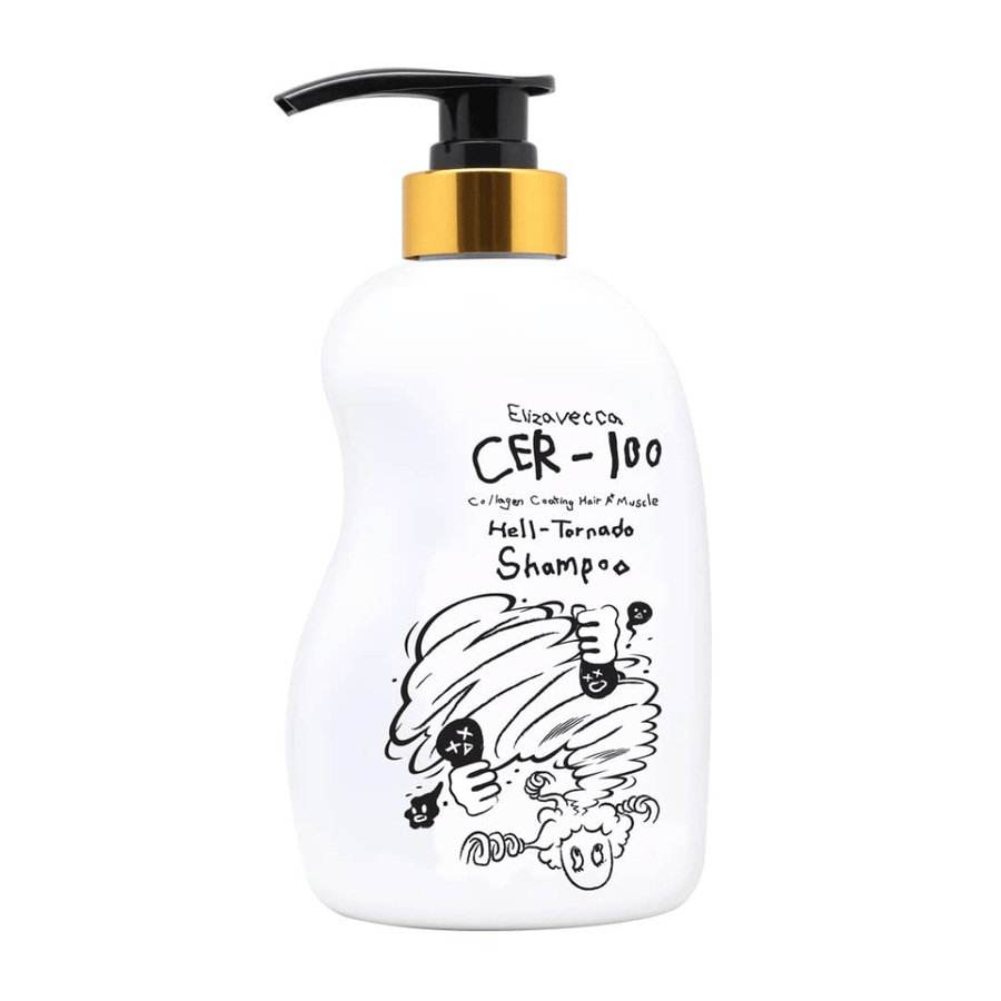Tuotekuva tuotteesta Elizavecca CER-100 Collagen Coating Hair A+ Muscle Helltornado Shampoo valkoista taustaa vasten. Pakkaus näkyy selkeästi pumppupullon ja sarjalle tunnusomaisen kuvituksen kanssa.