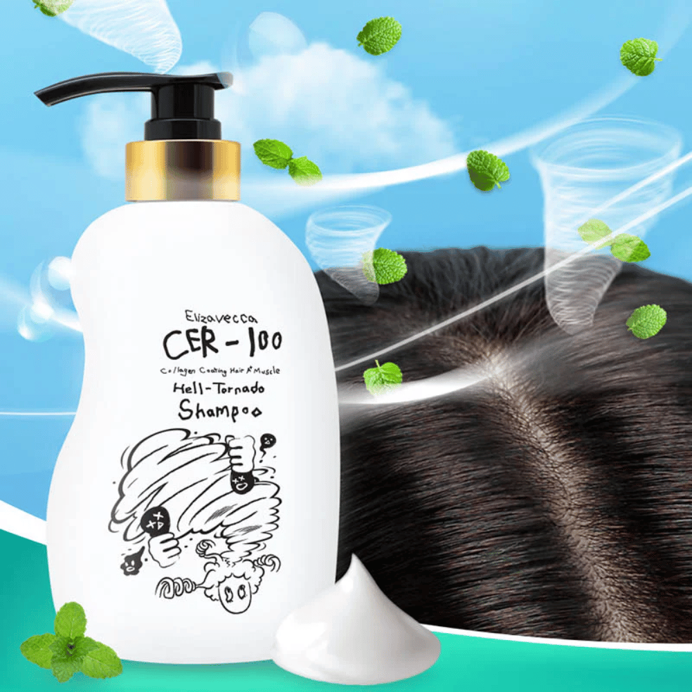 Elizavecca CER-100 Collagen Coating Hair A+ Muscle Helltornado Shampoo esitetään hiuspohjan lähikuvan edessä. Pyörteilevät tuulet ja mintunlehdet havainnollistavat virkistävää, viilentävää tunnetta ja keskittymistä hiuspohjan hoitoon.