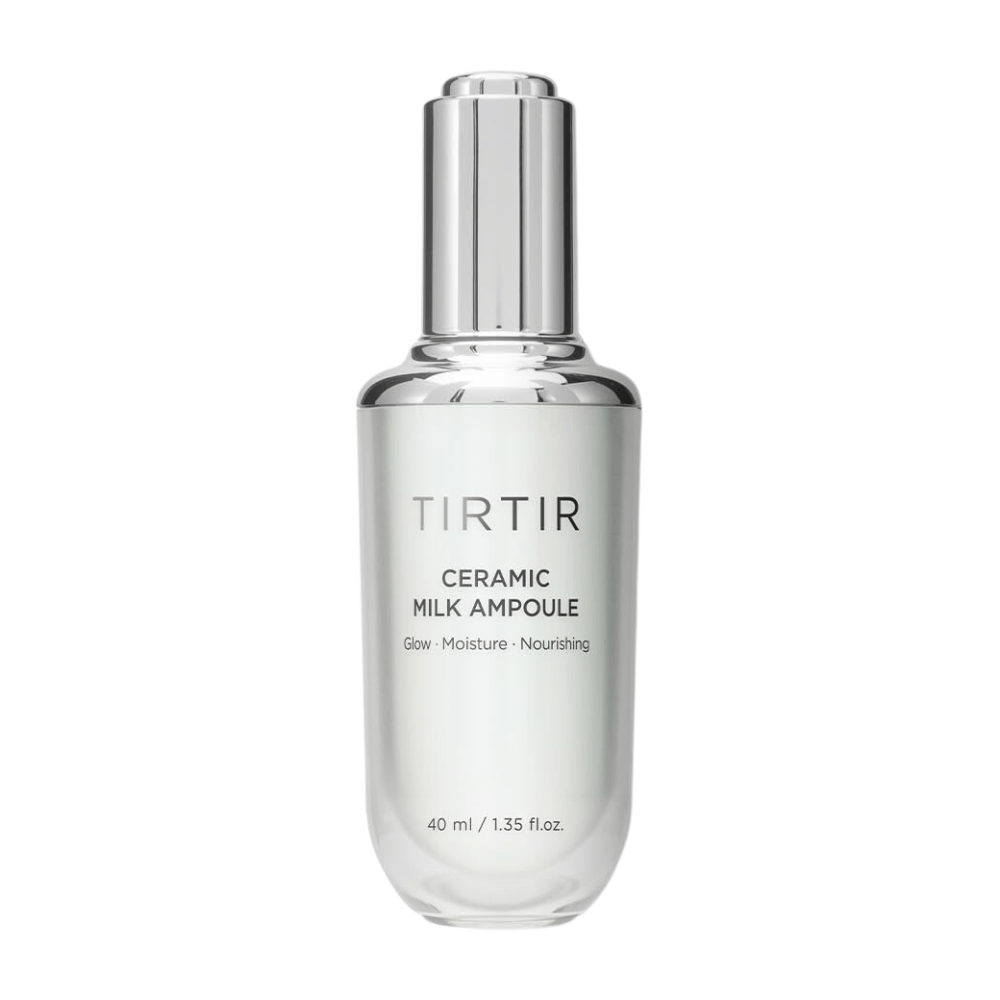  Läpinäkyvä pullo TIRTIR Ceramic Milk Ampoule, merkitty "Glow - Moisture - Nourishing", valkoisella taustalla.
