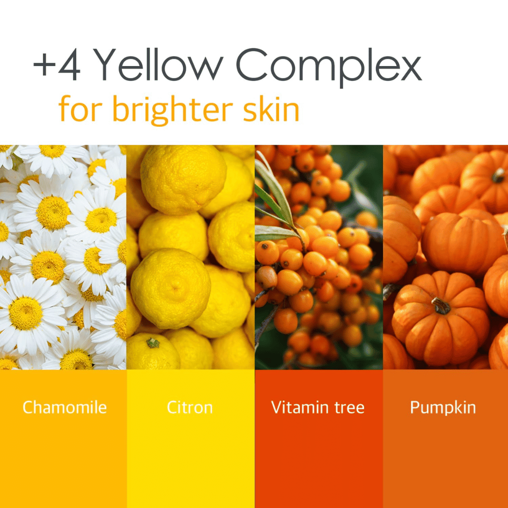 Tietokuva “4 Yellow Complex” -yhdisteestä, jonka ainesosiin kuuluvat kamomilla, sitruuna, vitamin tree ja kurpitsa. Painopiste on kirkkaammassa ihonsävyssä ja hehkua tuovissa ominaisuuksissa.