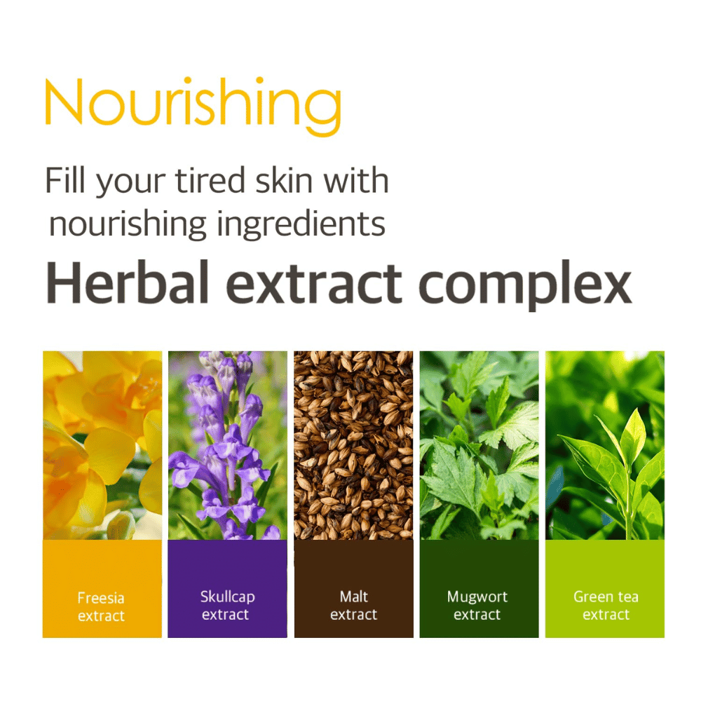 Tietokuva Herbal Extract Complexista, jossa kasviuutteet muun muassa freesiasta, pääkallokukasta, maltaasta, pujoista ja vihreästä teestä auttavat ravitsemaan ja hoitamaan väsynyttä ihoa.