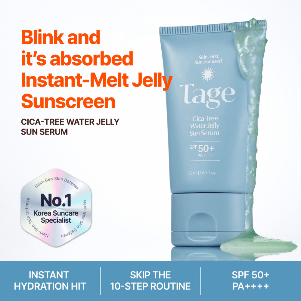 Tage Cica-Tree Water Jelly Sun Serum SPF 50+ kevyellä geelimäisellä koostumuksella. Sininen aurinkosuojatuubi, jossa on vihreää geeliä tuotteen koostumuksen esittelemiseksi.