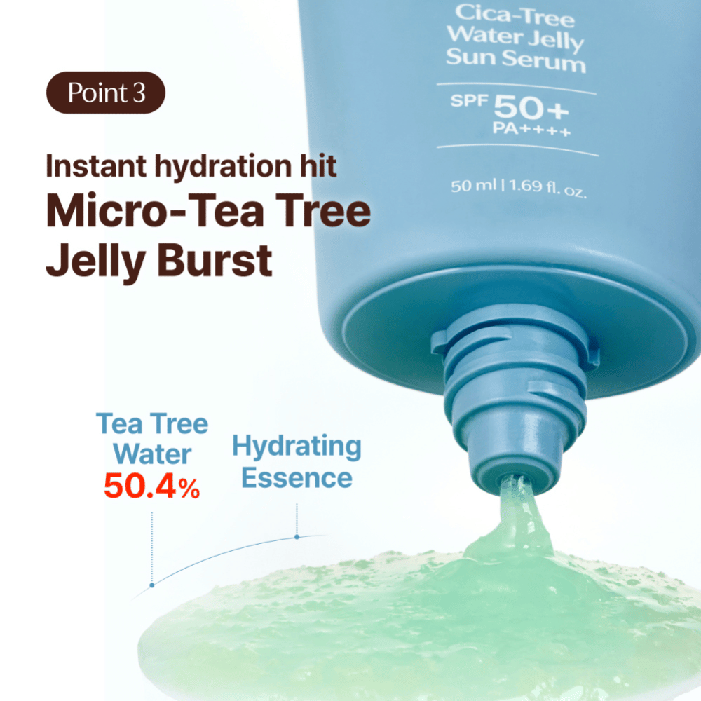 Tage Cica-Tree Water Jelly Sun Serum SPF 50+ sisältää 50,4 % tea tree-vettä. Lähikuva vihreästä, kosteuttavasta geelistä, jota puristetaan tuubista.
