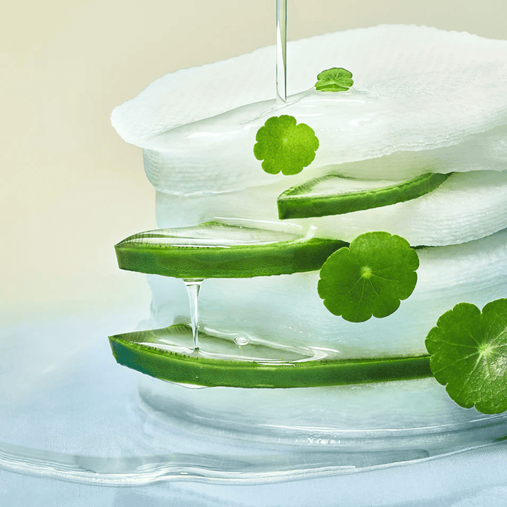 Lähikuva aloe vera -viipaleista, kosteuttavista toner padeista ja centella asiatica -lehdistä. Geeli valuu ainesosien välissä havainnollistaen rauhoittavia, viilentäviä ja kosteuttavia ominaisuuksia.