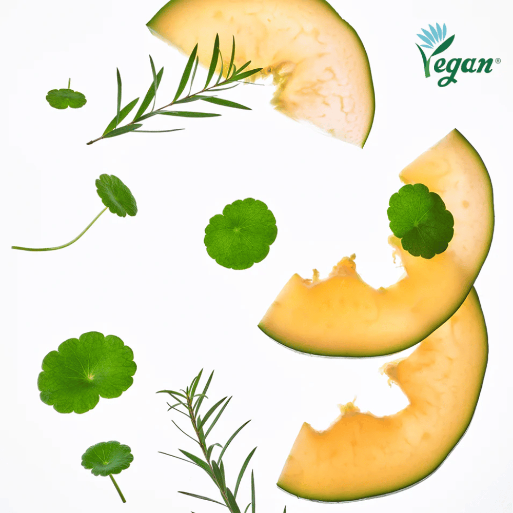 Vegaaninen ihonhoito melonilla, centella asiaticalla ja kasviuutteilla, jotka rauhoittavat ihoa ja antavat kosteutusta.