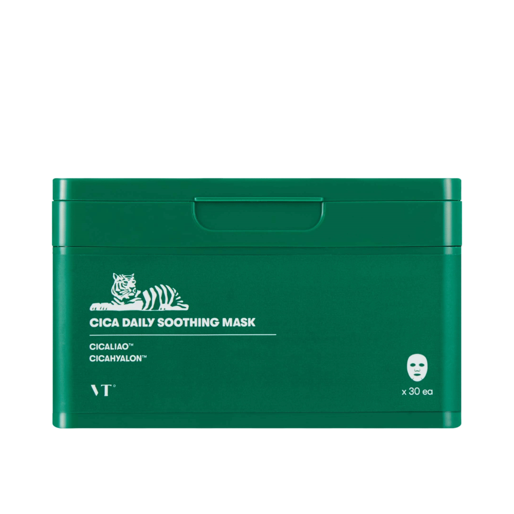 Vihreä pakkaus, jossa on teksti "Cica Daily Soothing Mask" ja valkoinen tiikerin kuva, sisältää 30 sheet maskia.