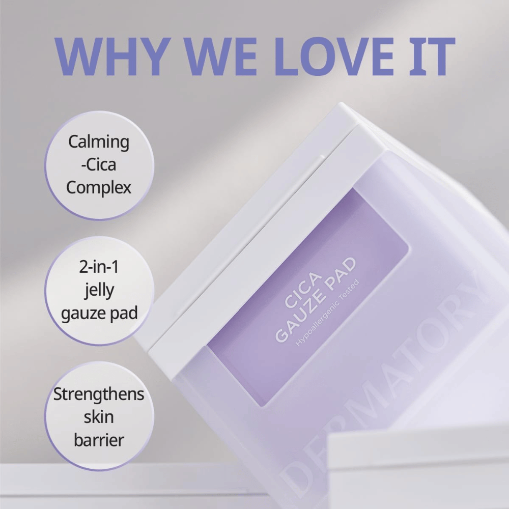 Kuva Cica Gauze Pad tekstillä 'Why We Love It'. Tuote sisältää rauhoittavan Cica-yhdisteen, toimii 2-in-1 geeli-sideharsona ja vahvistaa ihon suojaa. Täydellinen herkälle iholle.