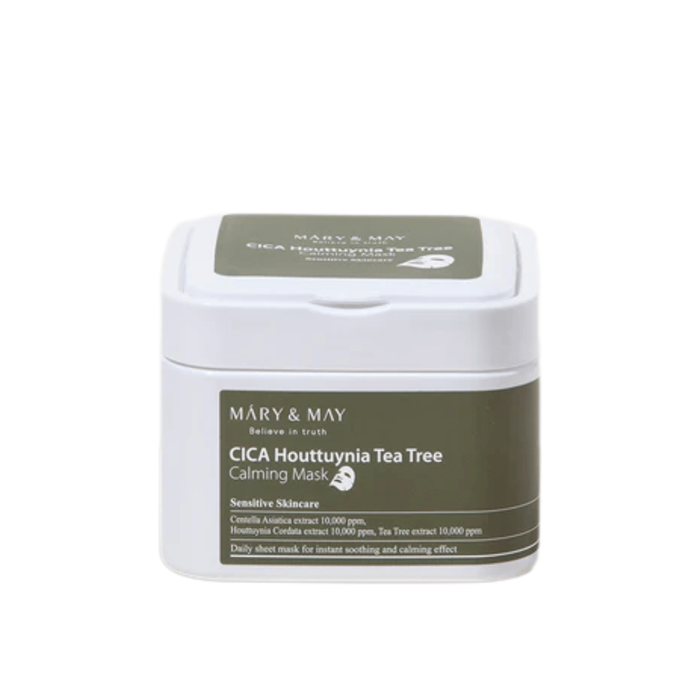 Mary & May Cica Houttuynia Tea Tree Calming Mask – purkki rauhoittavia sheetmaskeja herkälle iholle, rikastettu centellalla, houttuynialla ja tea tree-uutteella.