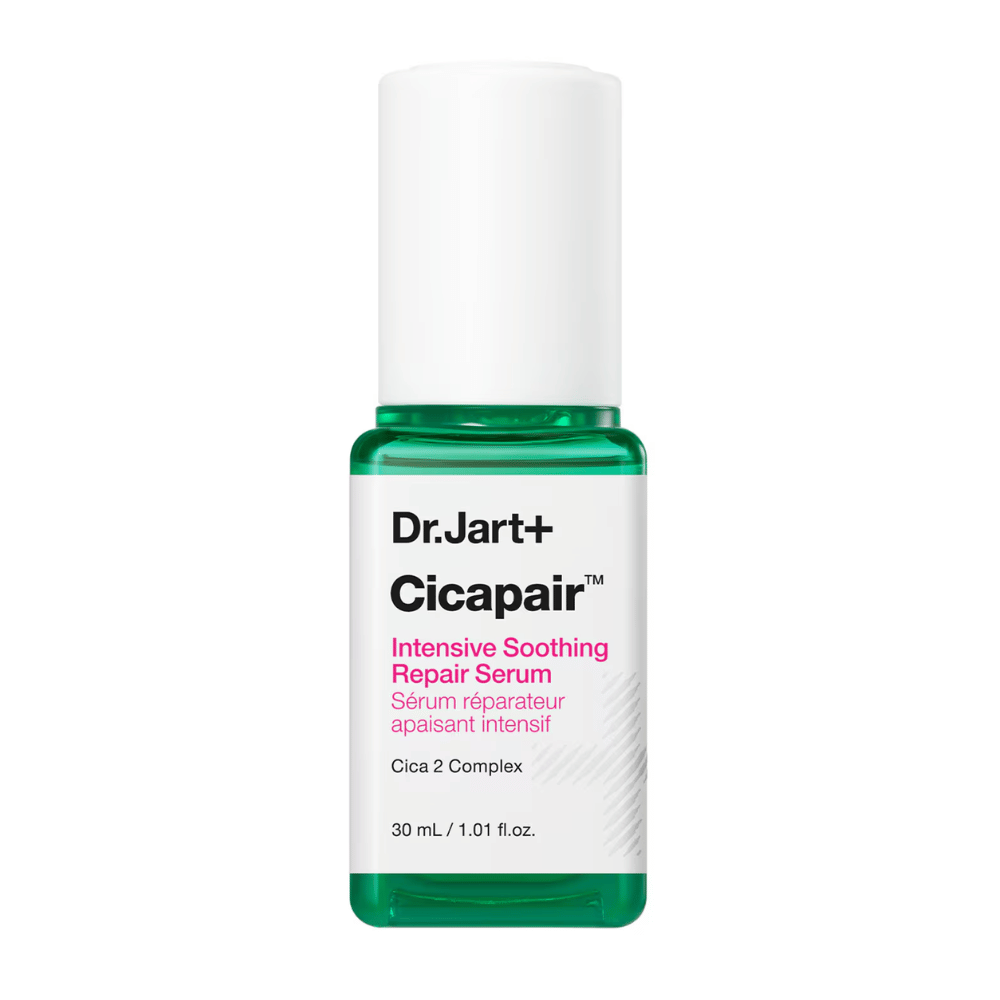 Dr.Jart+ Cicapair Intensive Soothing Repair Serum, 30 ml pullo. Pullossa on valkoinen korkki, jossa on vihreä pohja ja etiketti, jossa on tekstit "Cicapair Intensive Soothing Repair Serum" ja "Cica 2 Complex".