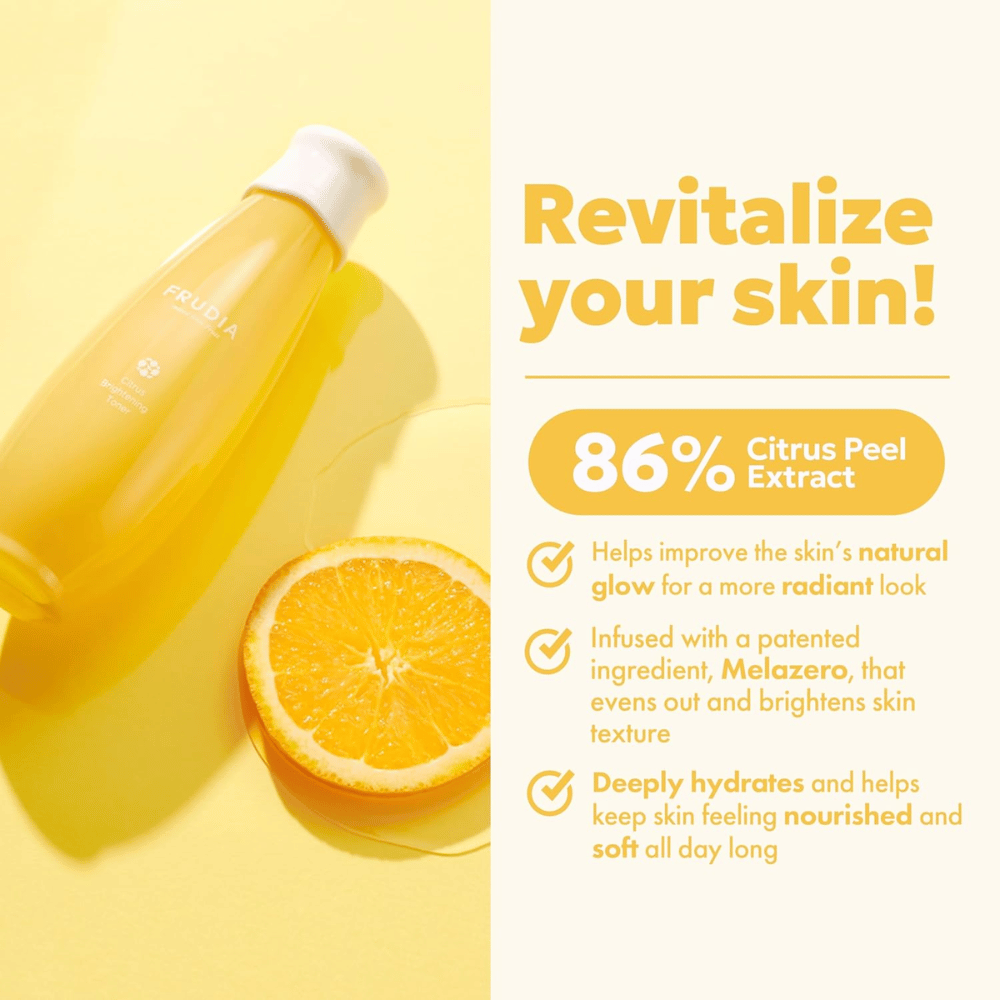 FRUDIA Citrus Brightening Toner 86 % sitruskuoriuutetta – kosteuttava ja hehkua antava kasvovesi, joka parantaa ihon luonnollista hehkua ja antaa pehmeän, säteilevän ihon.