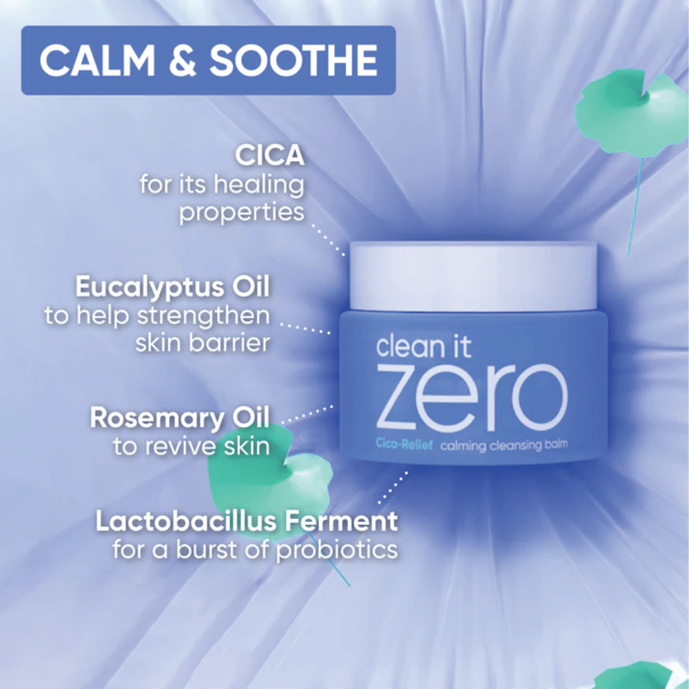 Informatiivinen kuva Clean It Zero Cica-Relief Calming Cleansing Balmista, joka korostaa rauhoittavia ainesosia kuten CICA, eukalyptusöljy, rosmariiniöljy ja lactobacillus ferment vahvistamaan ihon suojakerrosta.