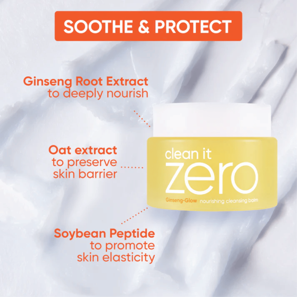 Clean It Zero Ginseng-Glow Cleansing Balm BANILA CO ginsengillä, kaurauutteella ja soijapeptideillä, kehitetty rauhoittamaan, suojaamaan ja vahvistamaan ihon suojakerrosta samalla kun meikki ja lika liukenevat.