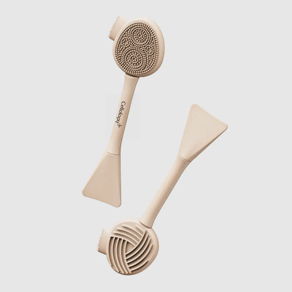 2. Cellolopy Cleaning Brush – monitoimisen puhdistusharjan etu- ja takapuoli, silikoniharjakset, uurrettu pinta ja lasta