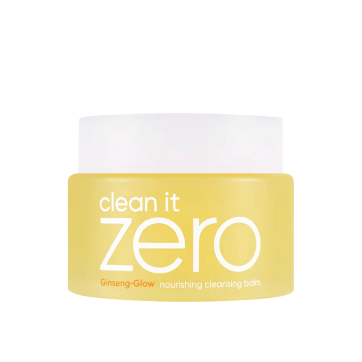 Clean It Zero Ginseng-Glow Nourishing Cleansing Balm keltaisessa purkissa valkoisella taustalla, kosteuttava puhdistusbalmi BANILA CO, joka poistaa meikin ja epäpuhtaudet tehokkaasti.