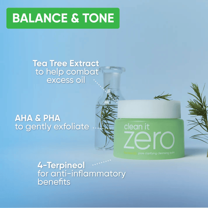 Clean It Zero Pore Clarifying Cleansing Balm Tea Tree-uutteella, AHA:lla ja PHA:lla, jotka tasapainottavat ihoa, vähentävät ylimääräistä öljyä ja kuorivat hellävaraisesti kirkkaamman ihonsävyn saavuttamiseksi.