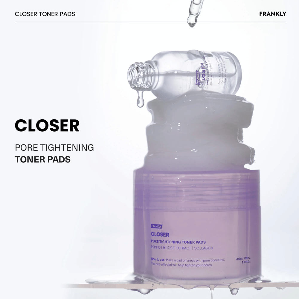 FRANKLY Closer Toner Pads, jossa toner tippuu. Näyttää tuotteen täynnä kosteuttavaa essenssiä huokosten hienontamiseen ja virkistyneelle iholle.