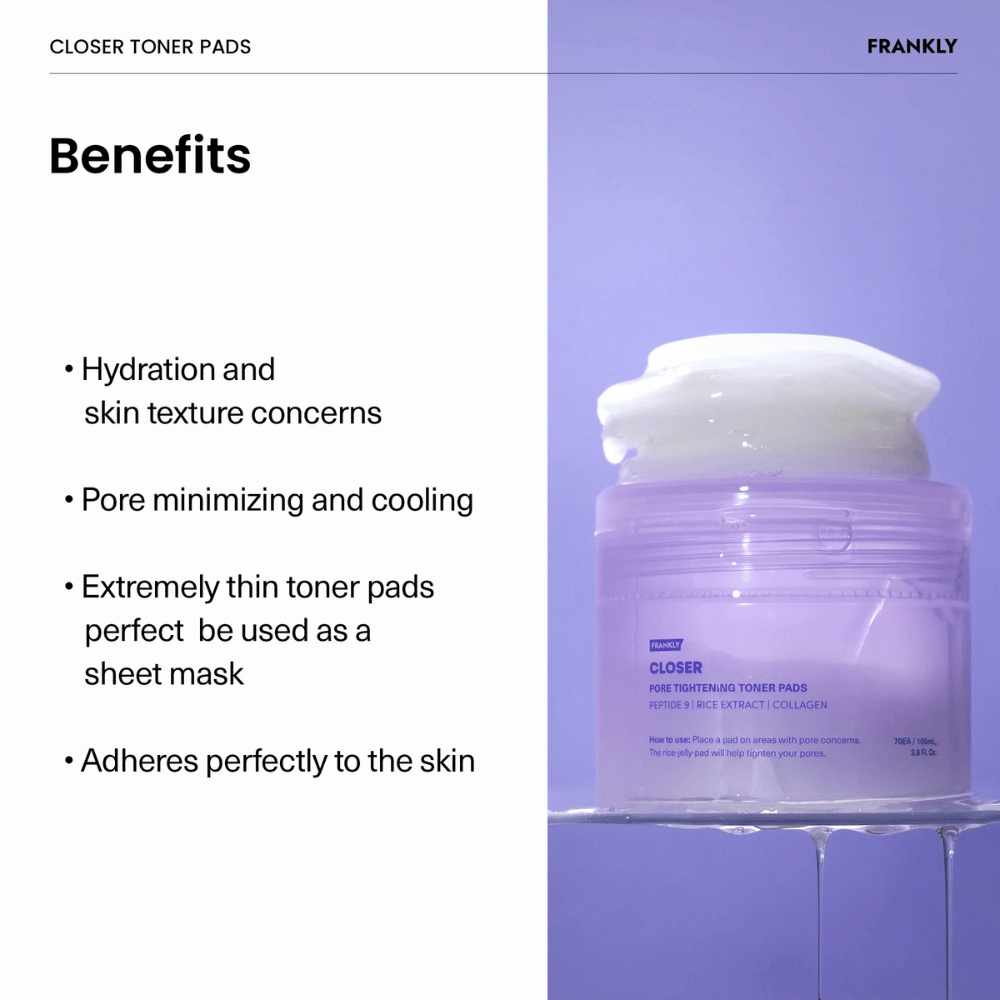 Purppurainen purkki, jossa FRANKLY Closer Toner Pads täynnä ohuita, kosteuttavia tyynyjä. Teksti kuvaa etuja, kuten huokosten pienenemistä ja viilentävää vaikutusta.