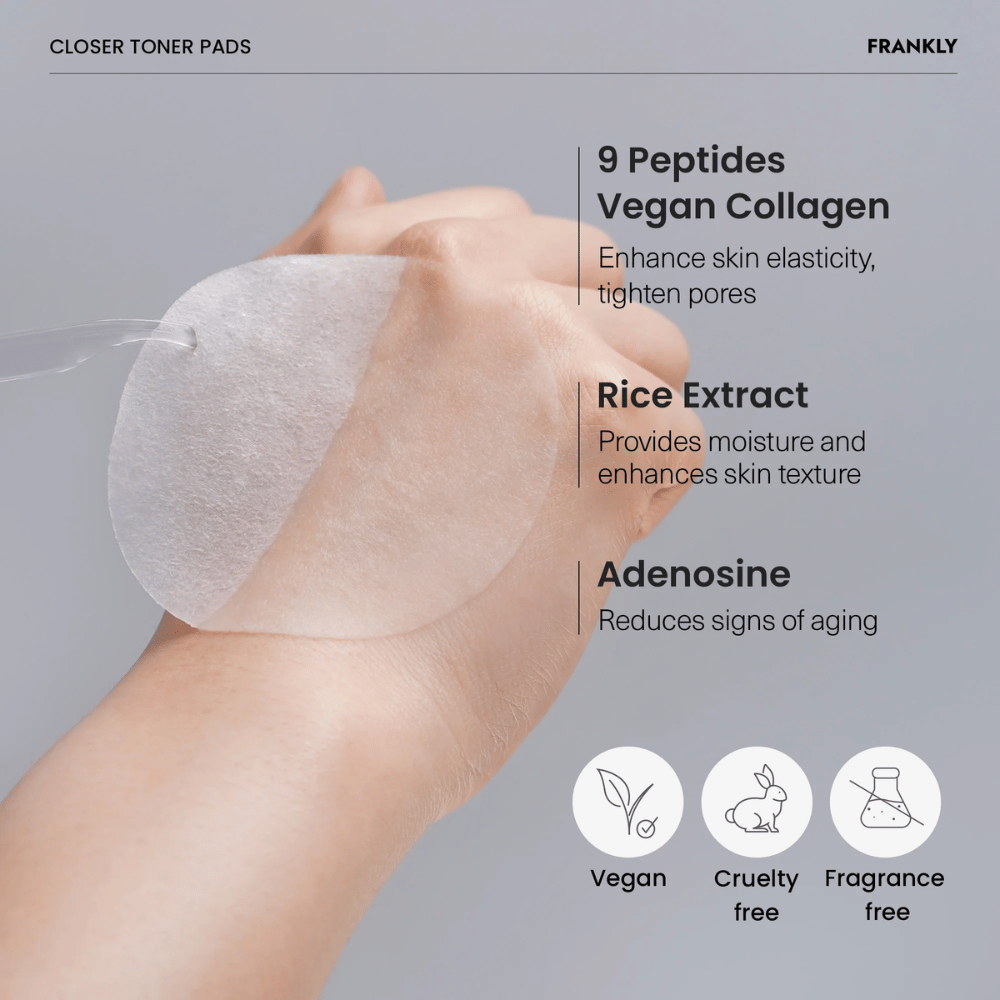 Lähikuva FRANKLY Closer Toner Padista kädessä. Teksti näyttää ainesosat, kuten 9 peptidiä, vegaaninen kollageeni, riisiuute ja adenosiini. Vegaaninen ja cruelty-free.