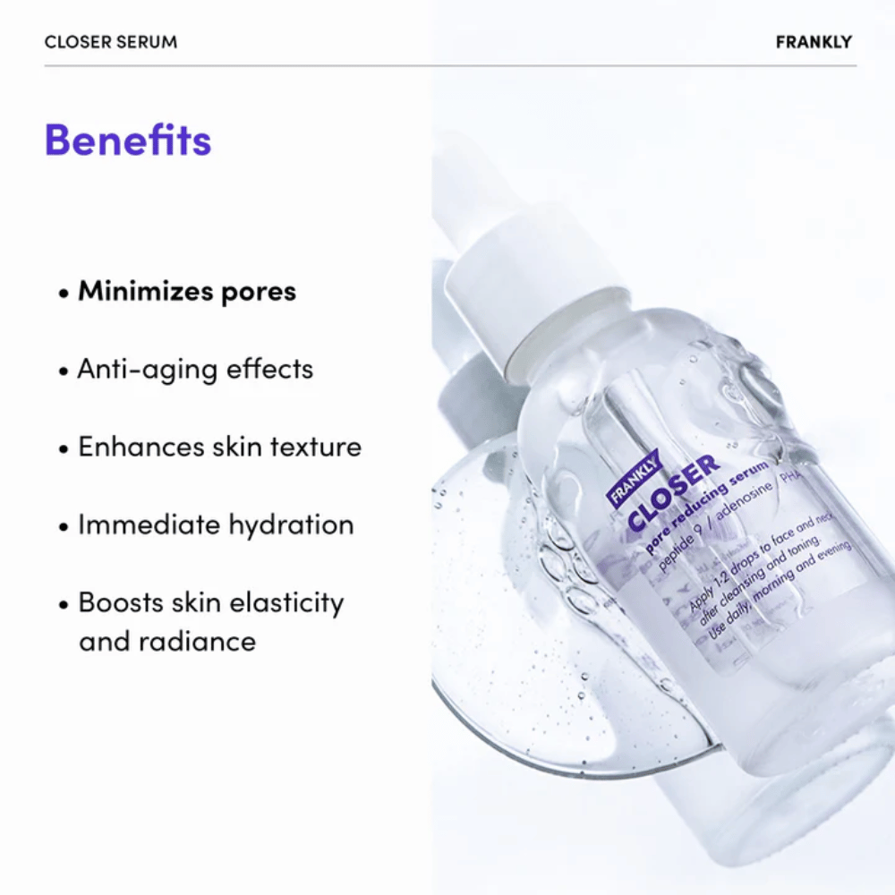 FRANKLY Closer Serum läpinäkyvässä pullossa kiiltävällä pinnalla. Teksti korostaa etuja kuten pienentyneet huokoset, kosteutus ja parantunut ihon rakenne.