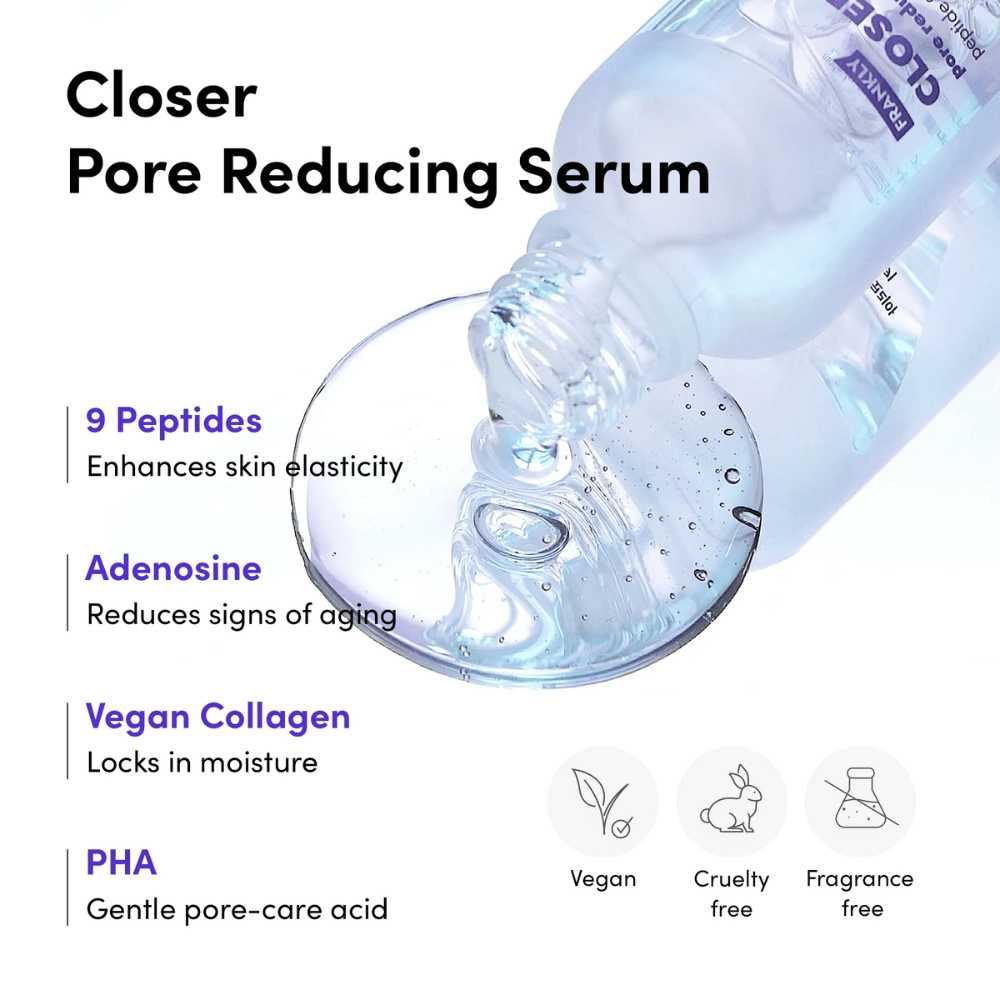 Lähikuva FRANKLY Closer Pore Reducing Serum ainesosilla: 9 peptidiä, adenosiini, vegaaninen kollageeni ja PHA. Vegaaninen ja cruelty-free koostumus.
