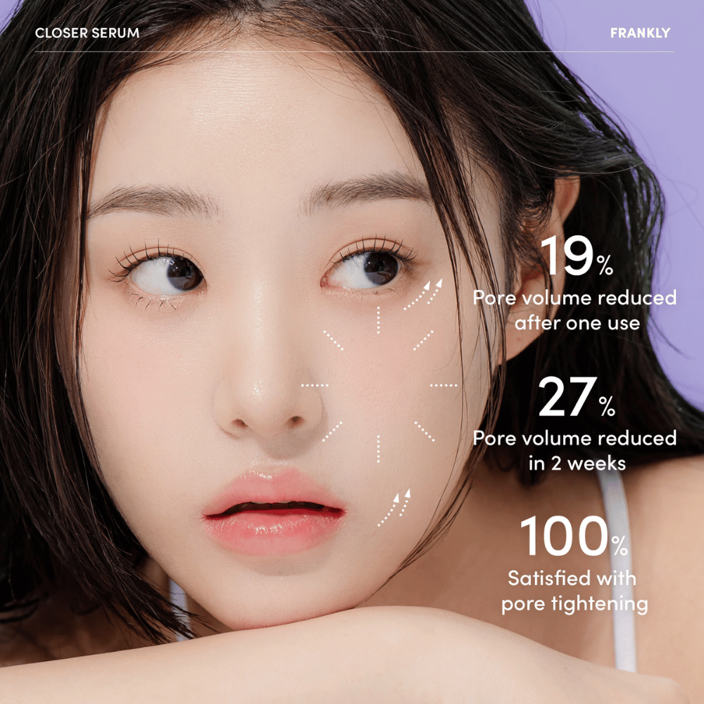 Nainen FRANKLY Closer Serum -seerumin kanssa näyttää tuloksia: 19 % pienentyneet huokoset yhden käyttökerran jälkeen, 27 % kahdessa viikossa, 100 % tyytyväisiä huokosten pienenemiseen.
