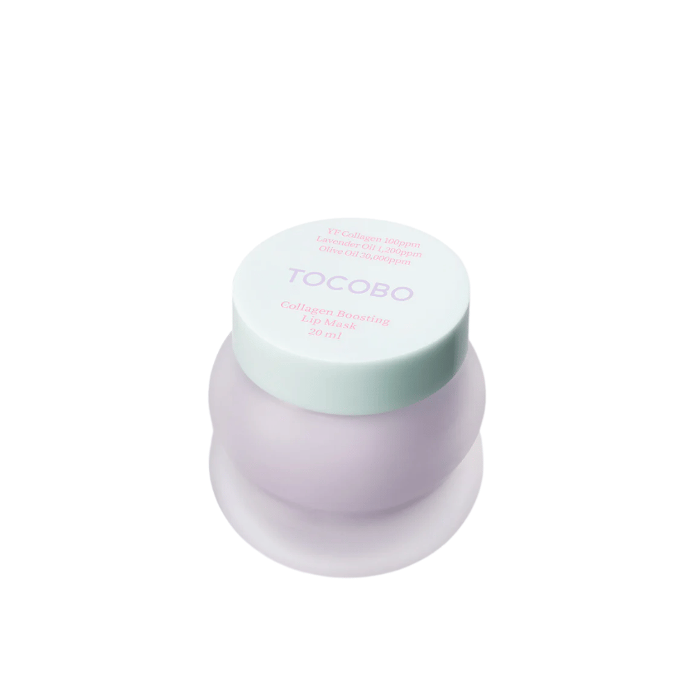 Lähikuva suljetusta purkista TOCOBO Collagen Boosting Lip Mask mintunvihreällä kannella valkoista taustaa vasten.