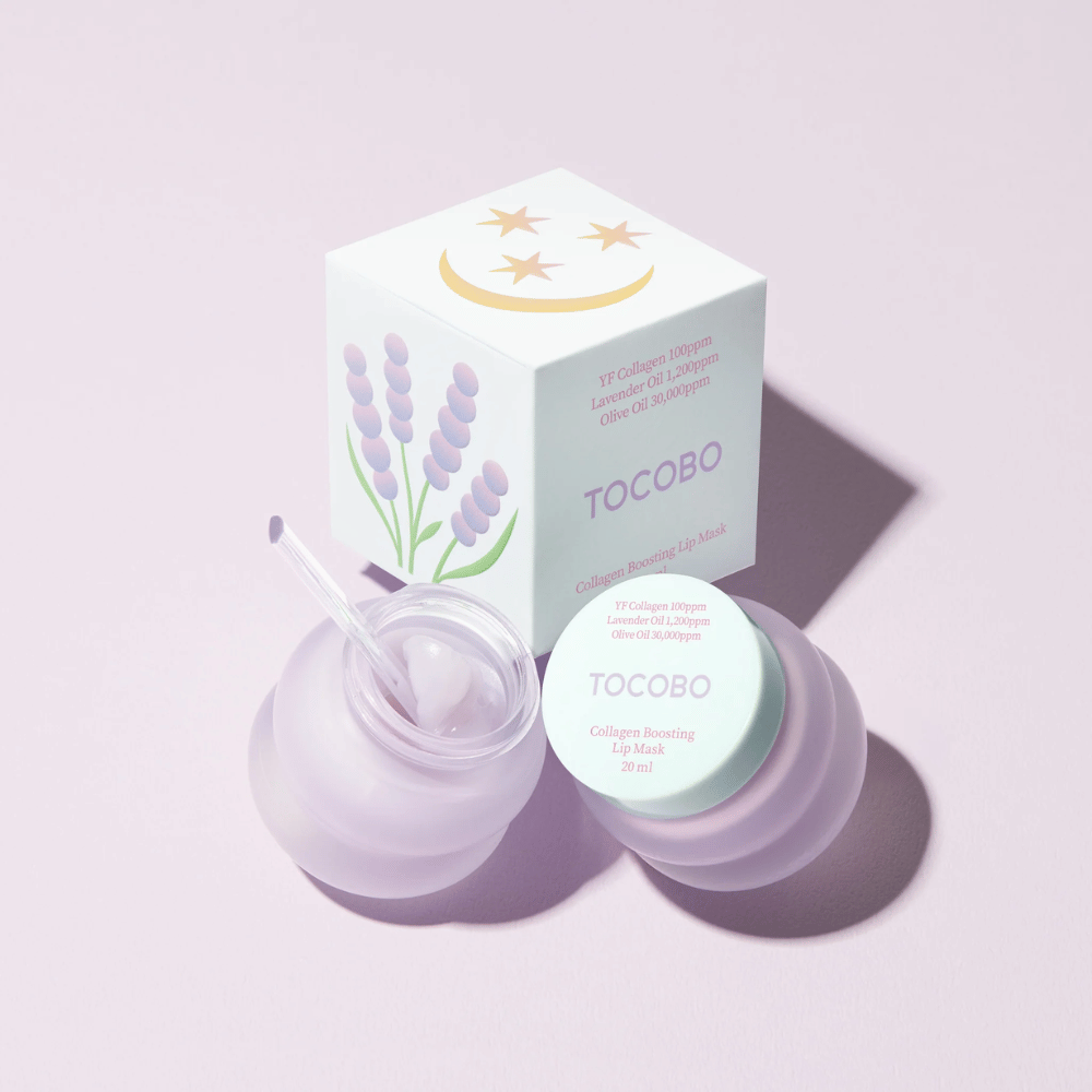 TOCOBO Collagen Boosting Lip Mask pakkauksella, joka on koristeltu laventelilla ja kuusymboleilla.
