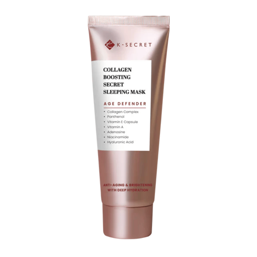 Tuotekuva K-SECRET Collagen Boosting Secret Sleeping Mask ruusukultaisessa tuubissa, jossa on teksti, joka korostaa ikääntymisen vastaista vaikutusta, kosteutusta ja ainesosia kuten kollageeni, pantenoli ja hyaluronihappo.