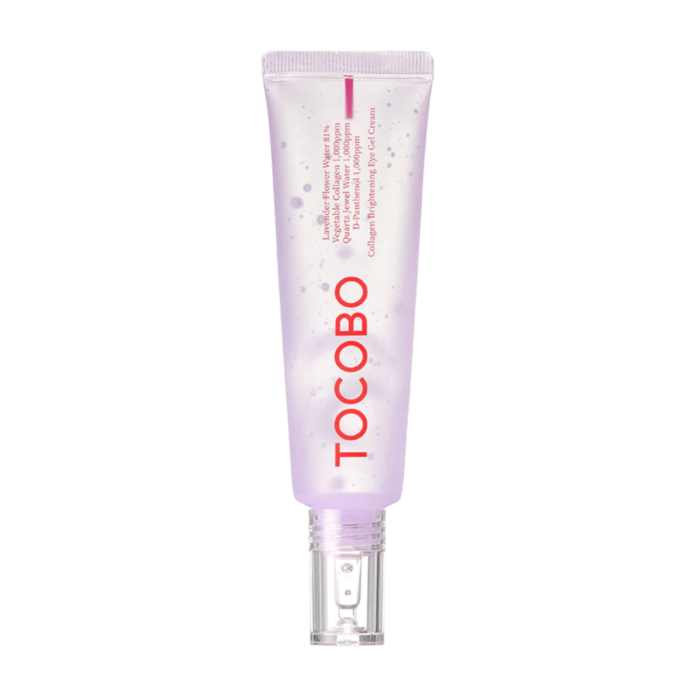 Kuvassa oleva tuote on "Collagen Brightening Eye Gel Cream" TOCOBO:lta. Se on silmägeeli, joka on violetissa tuubissa valkoisilla pilkuilla, suunniteltu kirkastamaan ja parantamaan ihon ulkonäköä silmien ympärillä.