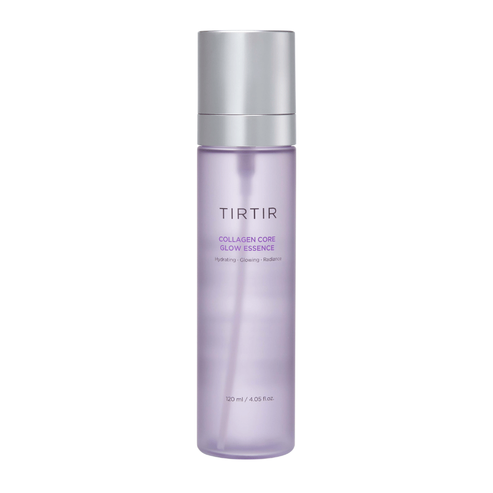Tuotekuva TIRTIR Collagen Core Glow Essence – hehkua antava essence tyylikkäässä violetissa pullossa, joka kosteuttaa ja parantaa ihon elastisuutta.