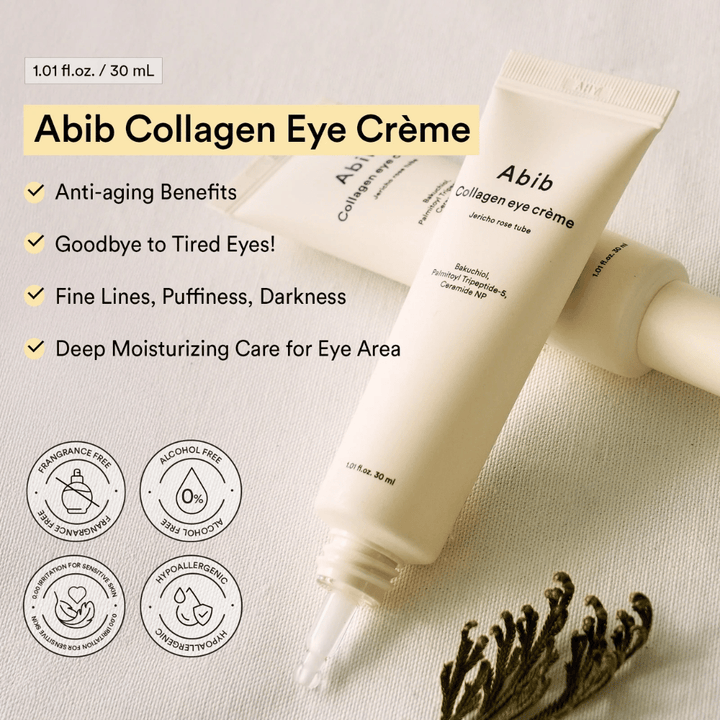 Abib Collagen Eye Crème med text om anti-aging och intensiv fukt för ögonområdet. Fri från alkohol, parfym och hypoallergen.