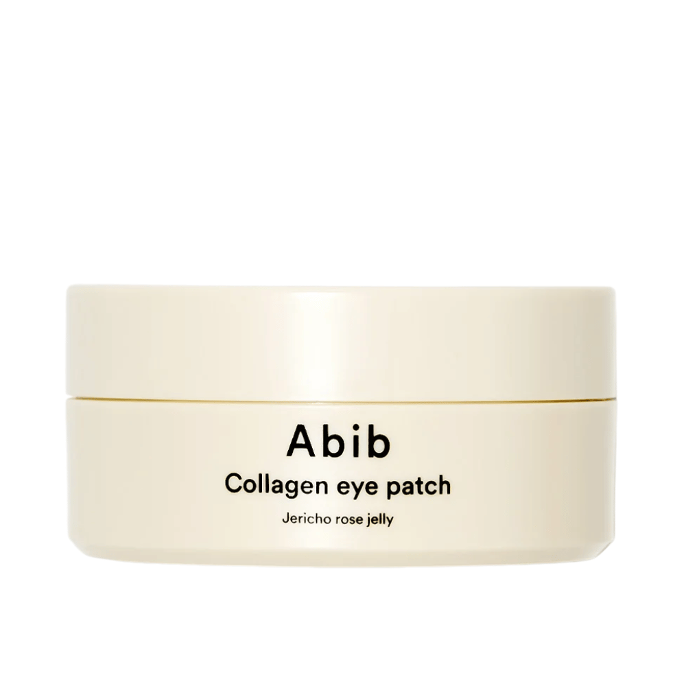 Pakkaus Abib Collagen Eye Patch Jericho Rose Jelly – beige purkki mustalla tekstillä, suunniteltu hoitamaan silmänympärysaluetta kollageenin ja kosteuttavien ainesosien avulla.