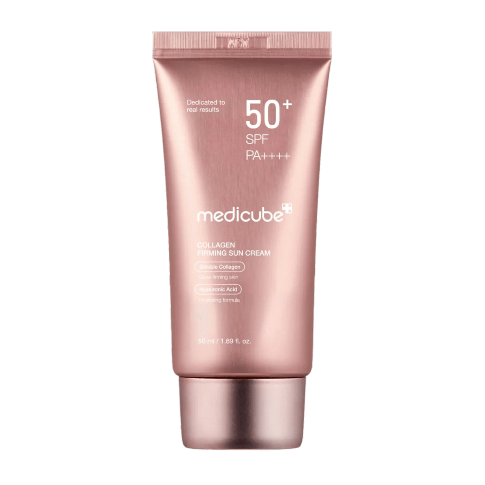 Medicube Collagen Firming Sun Cream SPF 50+ ruusukultainen tuubi – aurinkosuoja kollageenilla ja hyaluronihapolla, joka antaa kiinteämmän, kosteutetun ja hehkuvan ihon.