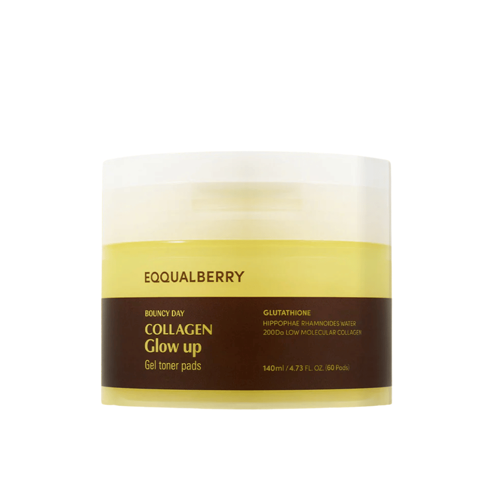 Bouncy Day Collagen Glow Up Gel Toner Pads, joka sisältää matalamolekyylistä kollageenia ja glutationia, parantamaan ihon elastisuutta ja antamaan nuorekasta hehkua. Pakkaus sisältää 60 tyynyä.