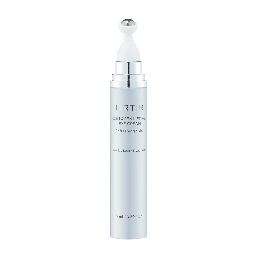 Tuubi, jossa on TIRTIR Collagen Lifting Eye Cream, puhdasta taustaa vasten, suunniteltu virkistävään ihonhoitoon.
