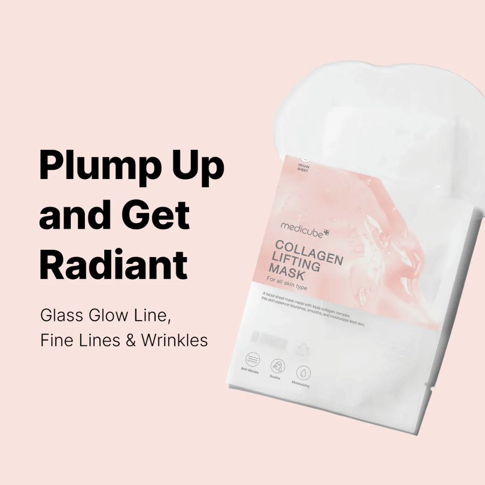 Pakkaus "Medicube Collagen Lifting Mask," kasvonaamio, joka keskittyy ihon täyteläistämiseen ja säteilevän ilmeen antamiseen. Tuote on suunnattu kaikille ihotyypeille ja on suunniteltu torjumaan hienoja juonteita ja ryppyjä. Teksti "Plump Up and Get Radiant" korostaa naamion ominaisuuksia, kun taas graafiset elementit tarjoavat modernin ja houkuttelevan esityksen.