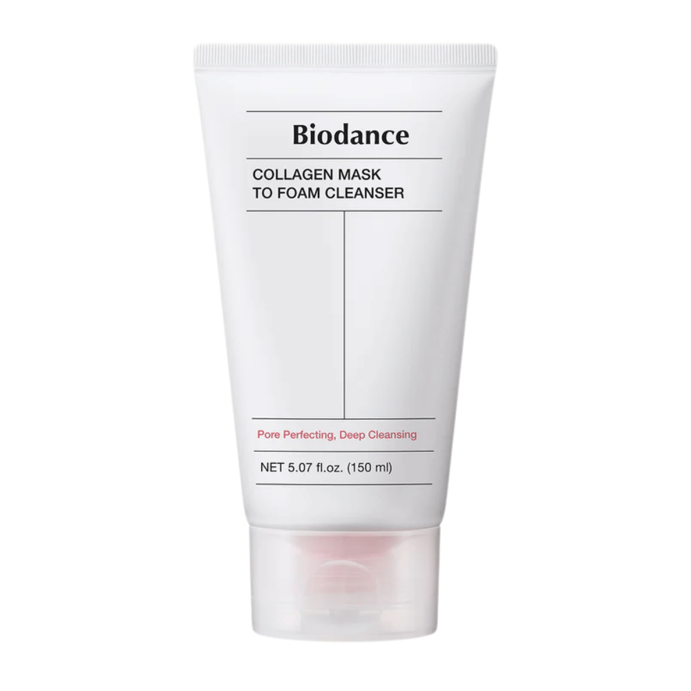Tuotekuva Biodance Collagen Mask to Foam Cleanser valkoisessa tuubissa mustalla tekstillä ja vaaleanpunaisilla yksityiskohdilla. Tilavuus 150 ml ja markkinoidaan syväpuhdistavana ja huokosia parantavana.