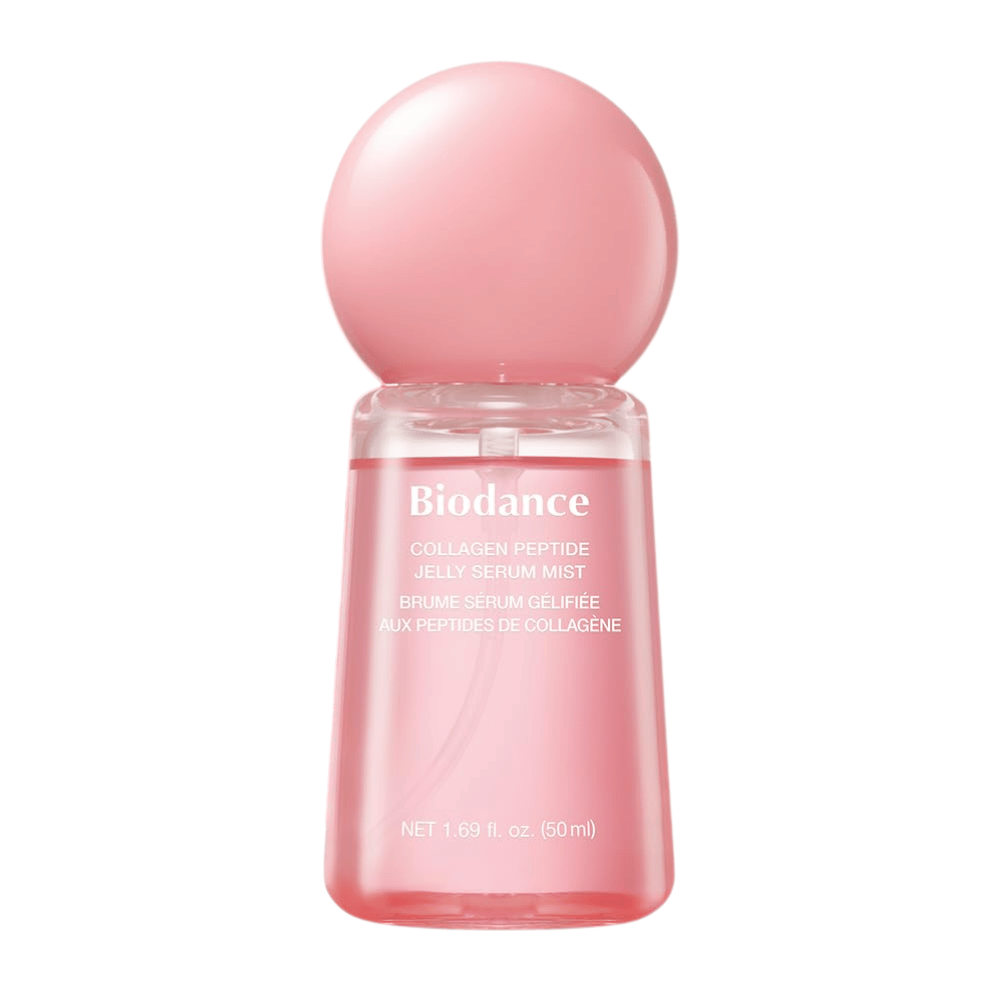 Biodance Collagen Peptide Jelly Serum Mist 50 ml – vaaleanpunainen kasvosuihke ja seerumi, jossa on kollageenia ja peptidejä kosteutukseen ja heleyteen.