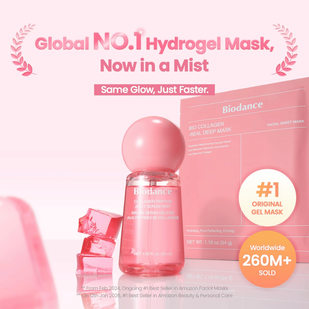 Biodance Collagen Peptide Jelly Serum Mist yhdessä Biodance Bio-Collagen Real Deep Mask kanssa – hydrogeelistä inspiroitua ihonhoitoa glow’ta ja kosteutusta varten.