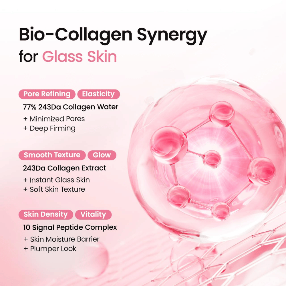 Biodance Collagen Peptide Jelly Serum Mist sisältää 77 % kollageenivettä, kollageeniuuttetta ja peptidikompleksia heleyteen, kimmoisuuteen ja kosteutukseen.
