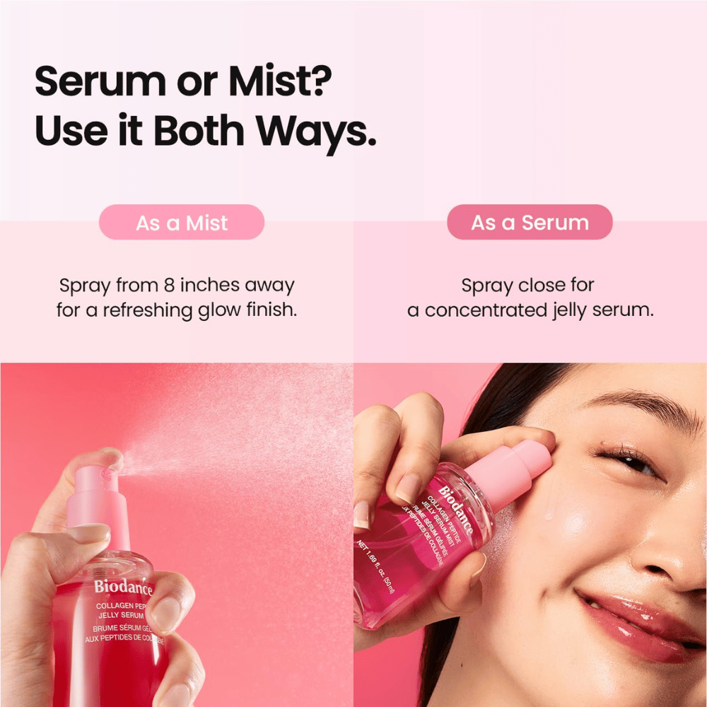 Biodance Collagen Peptide Jelly Serum Mist voidaan käyttää sekä kasvosuihkeena että seerumi kosteutukseen ja raikkaaseen, heleyttävään lopputulokseen.