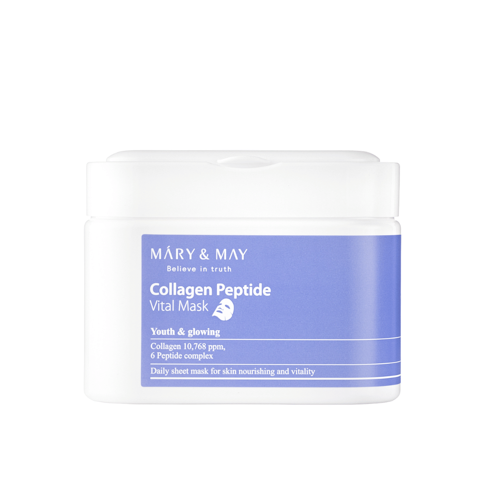 Collagen Peptide Vital Mask" MARY & MAY:lta valkoisessa ja violetissa purkissa. Tuote sisältää 10,768 ppm kollageenia ja peptidikompleksin ravitsemaan ja heleyttämään ihoa. Tämä päivittäinen kasvonaamio on suunniteltu antamaan nuorekkaan ja säteilevän ihon