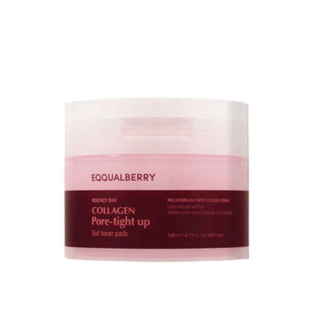Purkillinen Bouncy Day Collagen Pore-Tight Up Gel Toner Pads. Purkki on vaaleanpunainen ja punainen, ja se sisältää 140 ml tuotetta, joka auttaa kiinteyttämään ihoa ja pienentämään huokoskokoa.
