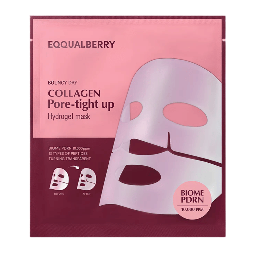 Pakkaus Collagen Pore-tight Up Hydrogel Mask, kasvonaamio biome PDRN ja 13 peptidilajia, näkyy vaaleanpunaisessa pakkauksessa, jossa on ennen ja jälkeen -kuvat naamion vaikutuksista.