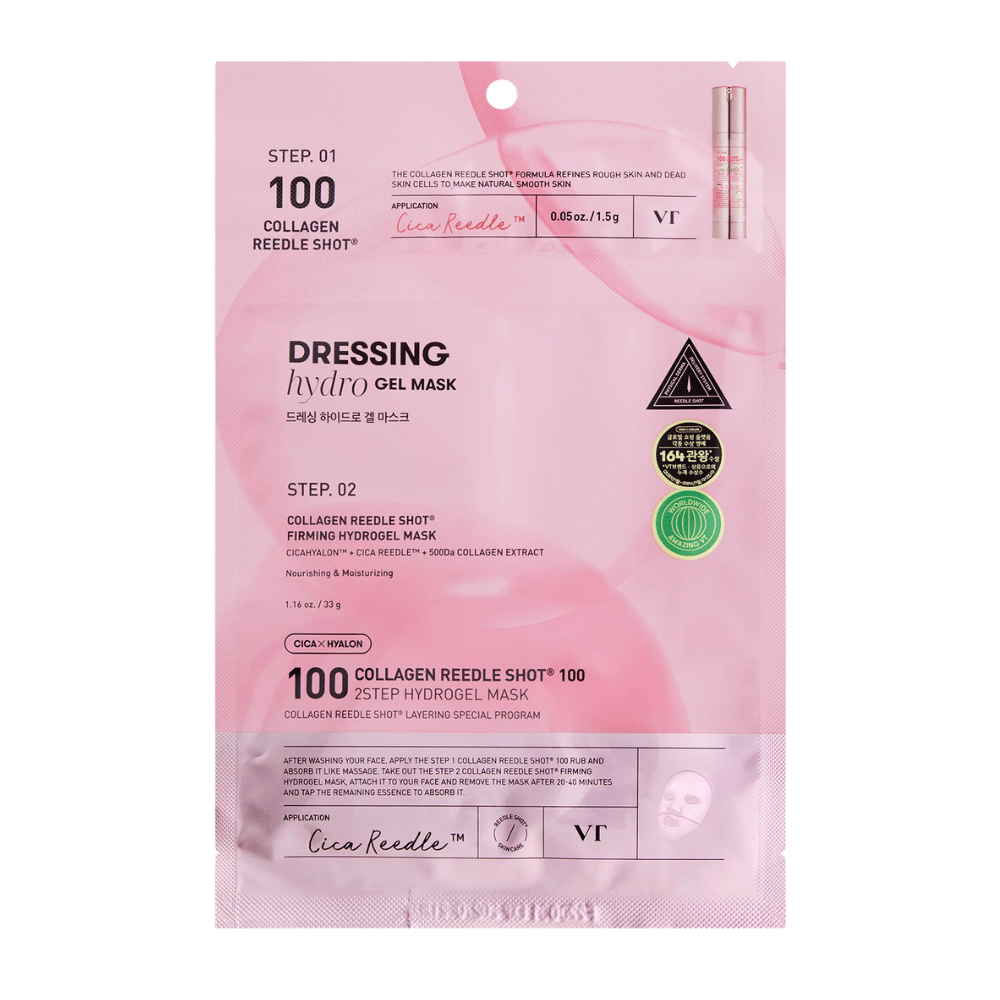 Pakkaus VT Collagen Reedle Shot 100 2-Step Hydrogel Mask vaaleanpunaisella designilla. Näyttää vaiheen 1 Cica Reedle™:llä ja vaiheen 2 kiinteyttävällä hydrogeelinaamiolla, joka sisältää CICAHYALON™:ia ja 500Da kollageeniuuttetta.