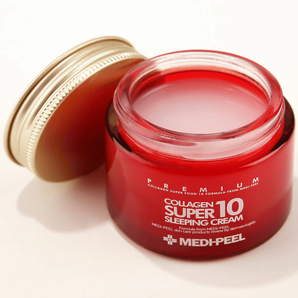 Lähikuva MEDI-PEEL Collagen Super 10 Sleeping Cream geelivoidetekstuurilla, joka imeytyy yön aikana ja tarjoaa intensiivistä kosteutusta.