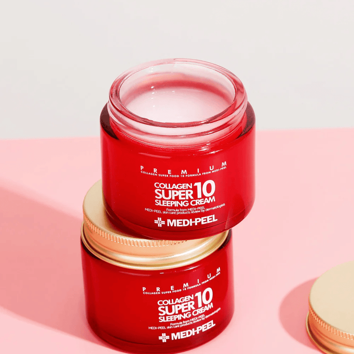 MEDI-PEEL Collagen Super 10 Sleeping Cream premium-pakkauksessa – intensiivisesti kosteuttava sleeping cream kollageenilla kiinteämmälle ja sileämmälle iholle.