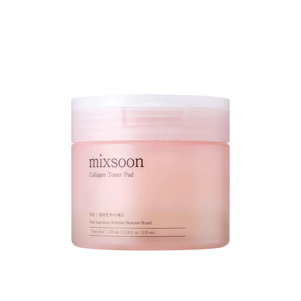 Mixsoon Collagen Toner Pad tyylikkäässä, vaaleanpunaisessa purkissa, jossa on 110 tyynyä – kosteuttava kasvovesi päivittäiseen ihonhoitoon.