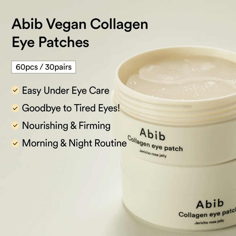 Abib Collagen Eye Patch Jericho Rose Jelly avoimessa purkissa, jossa näkyy silmänympäryslaput. Teksti kuvaa etuja, kuten helppo hoito väsyneille silmille, kiinteyttävä vaikutus ja käyttö aamuin illoin. 60 kpl / 30 paria.